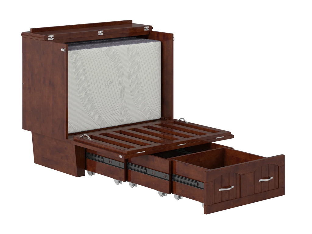 Twin Solid Wood Murphy Bed Chest with Mattress, Drawer & Charger, Walnut X716