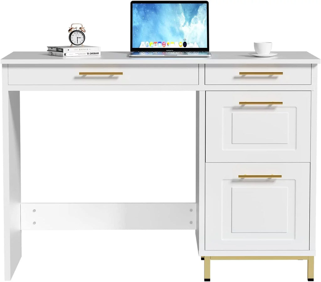 White and Gold Computer Desk with 4 Drawers K977