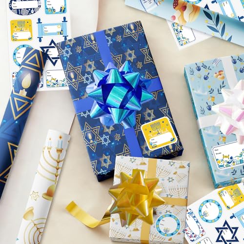 30 Pcs Hanukkah Wrapping Paper Gift Tags Bows Ribbon J2967
