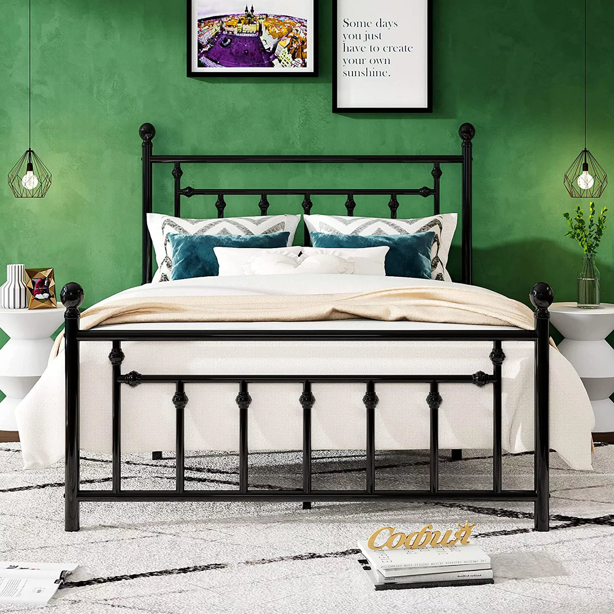 Full Size Black Metal Platform Bed Frame with Headboard and Footboard V774
