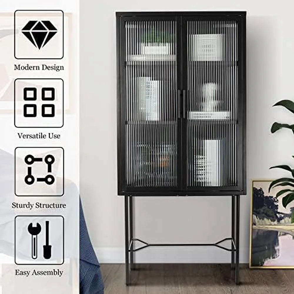 Tall Fluted Glass Door Cabinet with 2-Tier Adjustable Shelves Blue V7300