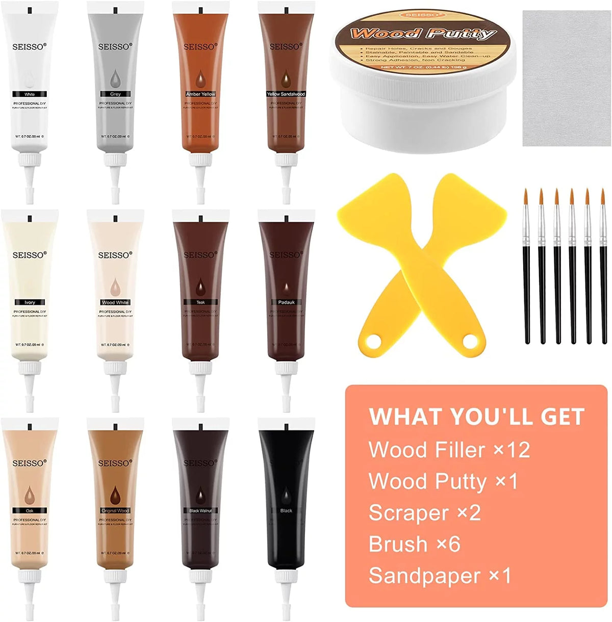 Wood Furniture Repair Kit with 12 Colors Wood Filler J4426