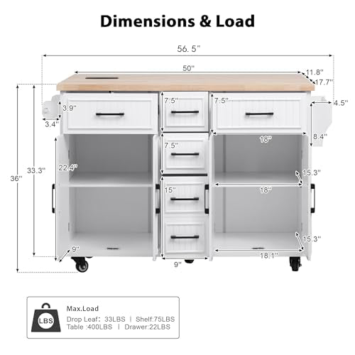 56.5" Rolling Kitchen Island with Drop Leaf, Power Outlet, 4 Doors, 5 Drawers, Black I233