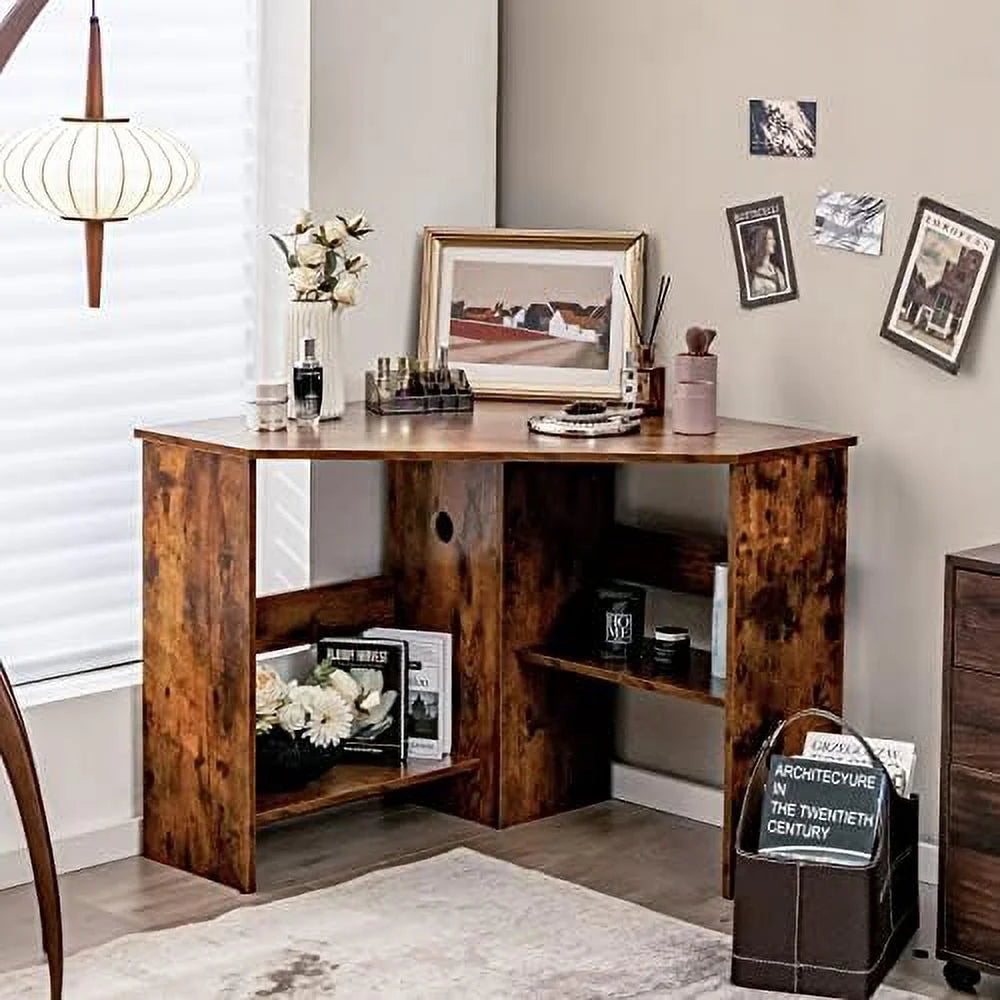 Corner Computer Desk Triangular Writing Desk with 2 Shelves R10115