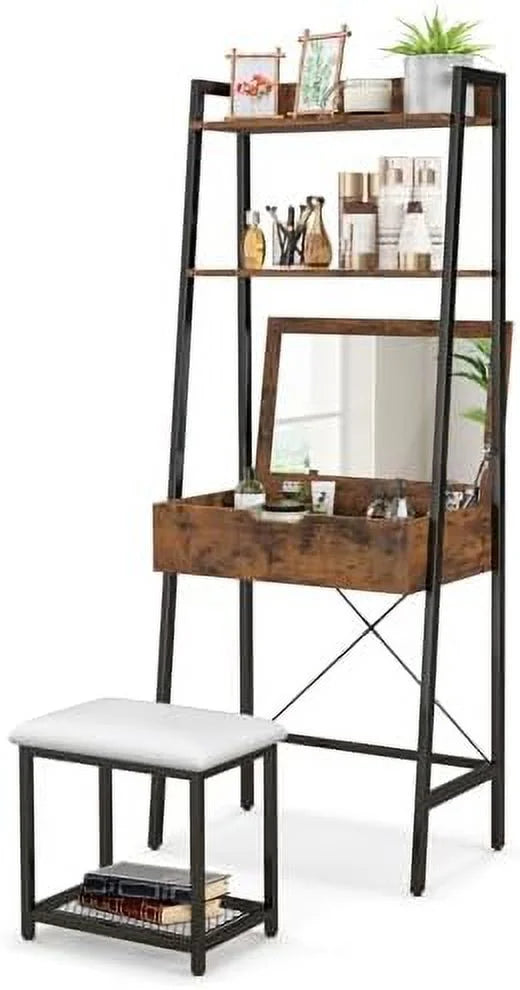 Vanity Table Set with Flip Top Mirror and Cushioned Stool N306156