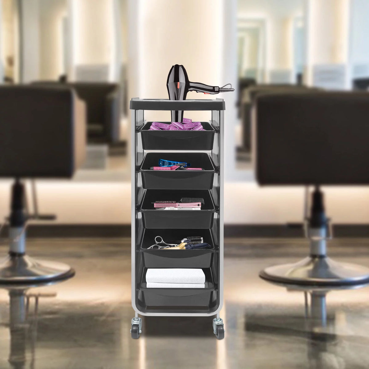 Black Salon Trolley Cart with Wheels 5 Drawers A7804