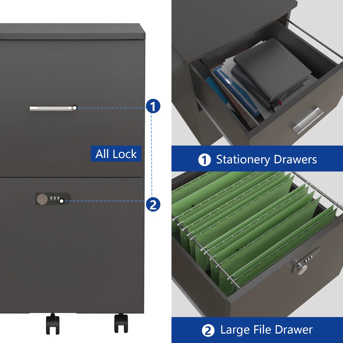 Dark Gray 2 Drawer Rolling File Cabinet H70274