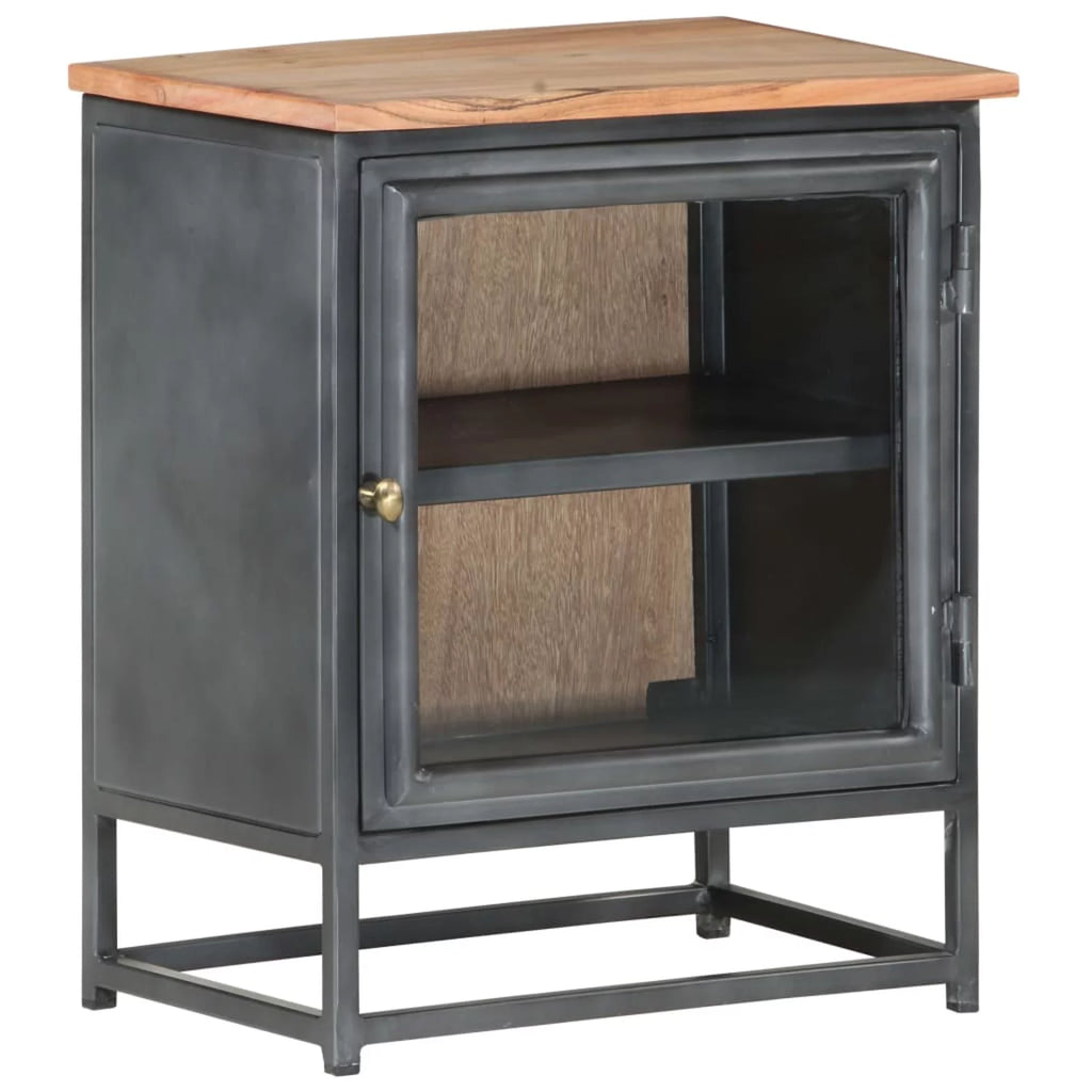 Gray Acacia Wood Bedside Cabinet with Glass Door P131