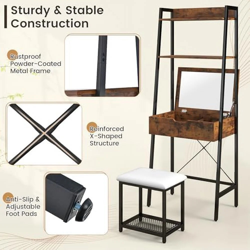 Vanity Table Set with Flip Top Mirror and Cushioned Stool N306156