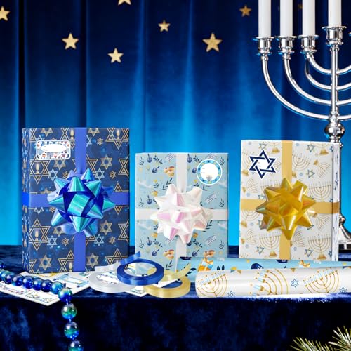 30 Pcs Hanukkah Wrapping Paper Gift Tags Bows Ribbon J2967