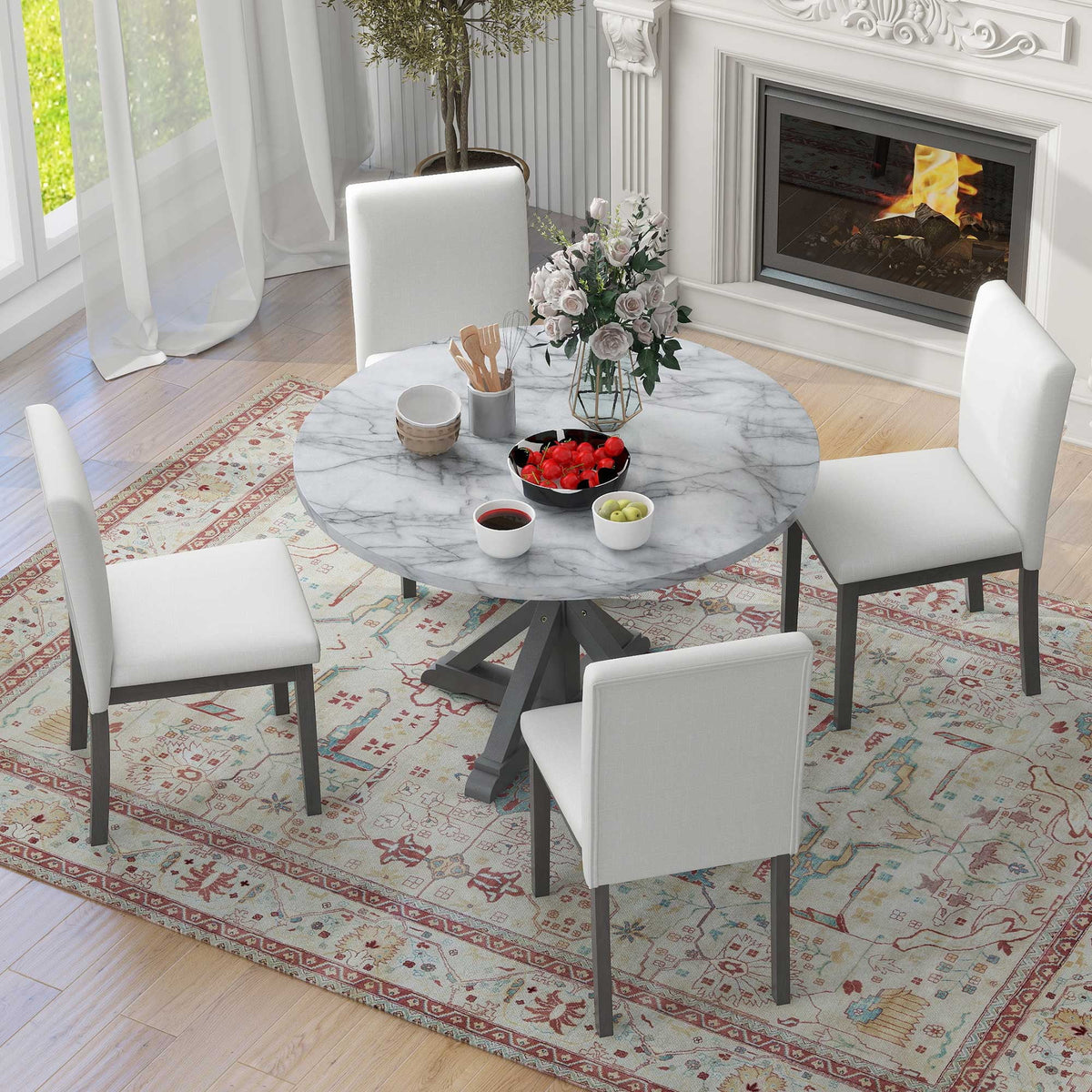 5 Piece Round Dining Table Set with Cushioned Chairs W29330