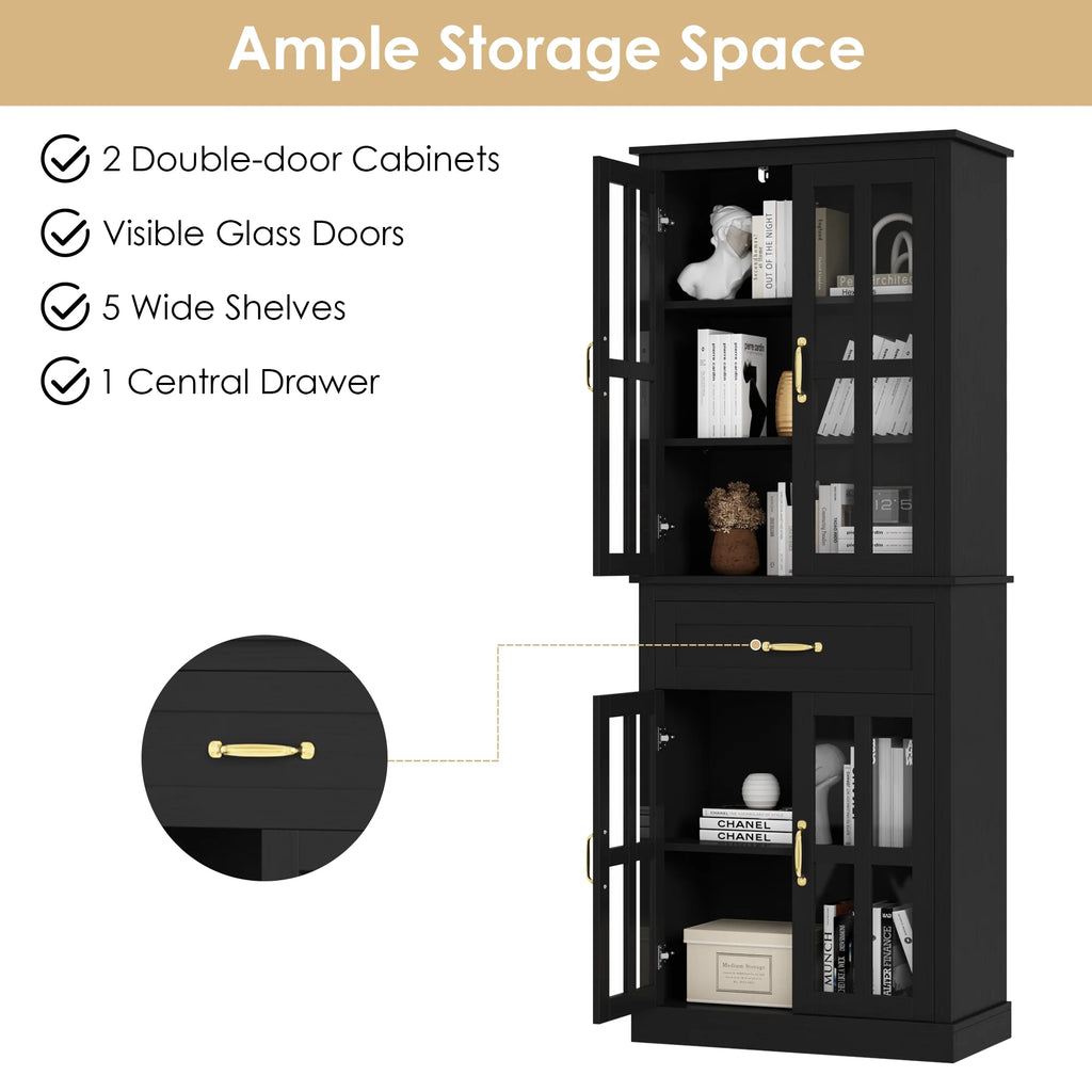 Black 71'' Wood Linen Cabinet with 4 Glass Doors Y5278