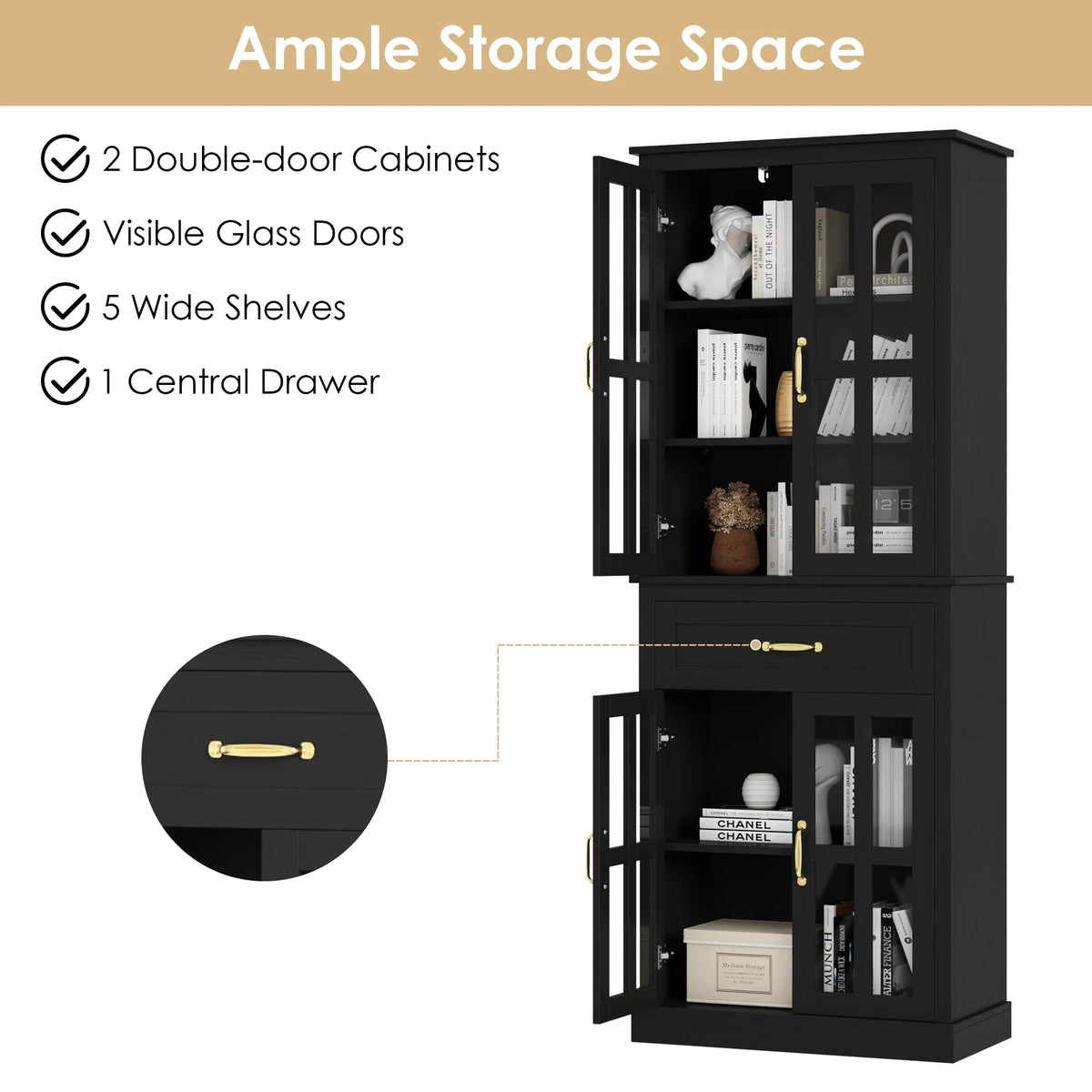Black 71'' Wood Linen Cabinet with 4 Glass Doors Y5278