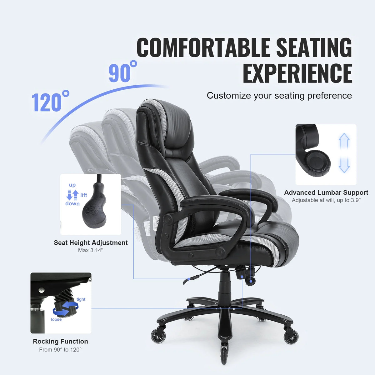 High Back 400 lbs Leather Executive Office Chair with Lumbar Support D126
