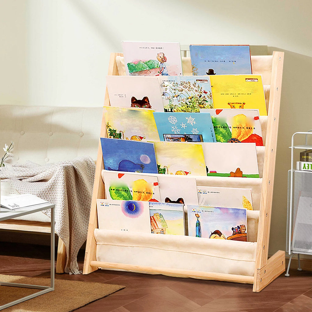 6 Tiers Wooden Kids Book Rack Storage Bookshelf with Canvas Shelves X7538