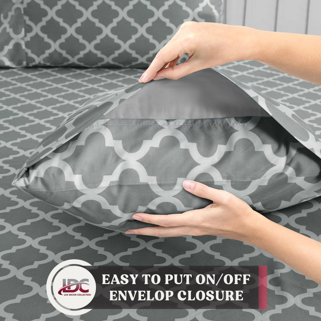 Queen Size 4 Piece Microfiber Bed Sheets Set Gray White Y610