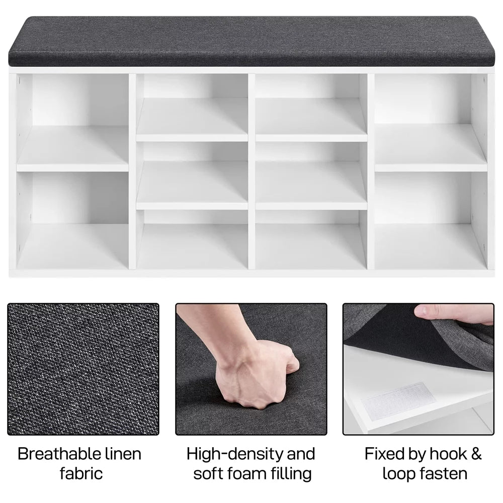 White Wooden Shoe Storage Bench Organizer with Cushion Z47939