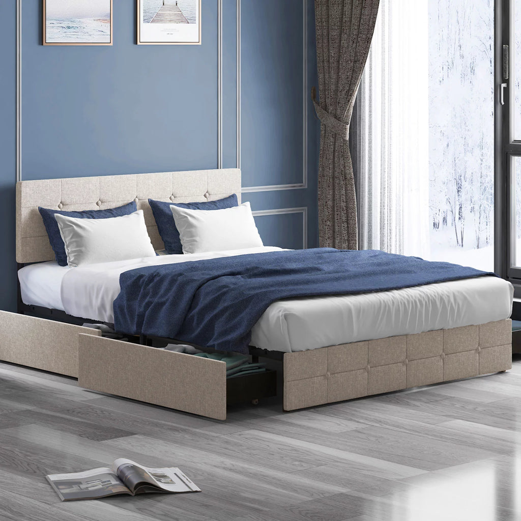 Black Queen Storage Bed Frame with Upholstered Headboard and 4 Drawers R1332