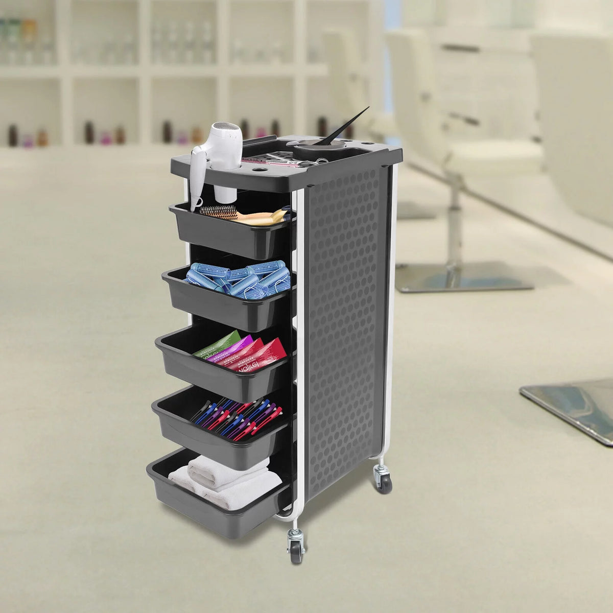 Black Salon Trolley Cart with Wheels 5 Drawers A7804
