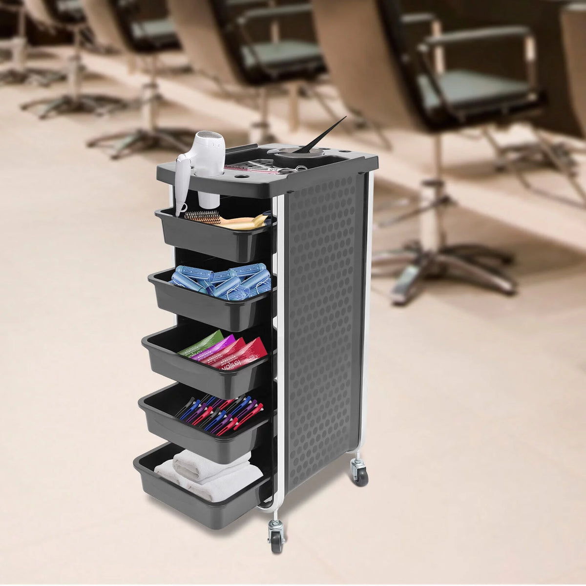 Black Salon Trolley Cart with Wheels 5 Drawers A7804