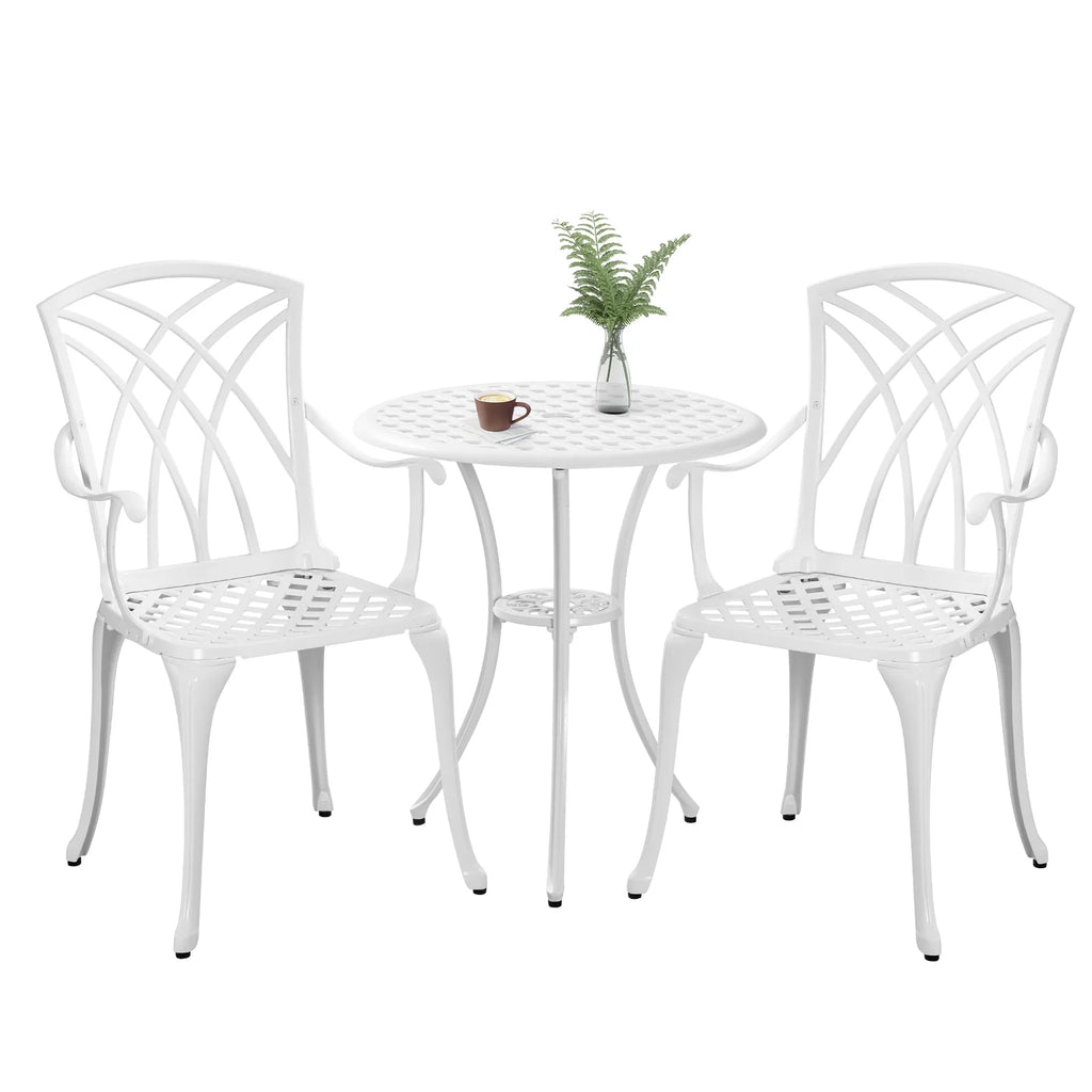 3 Piece Cast Aluminum Patio Bistro Table and Chairs Set of 2 White I8488