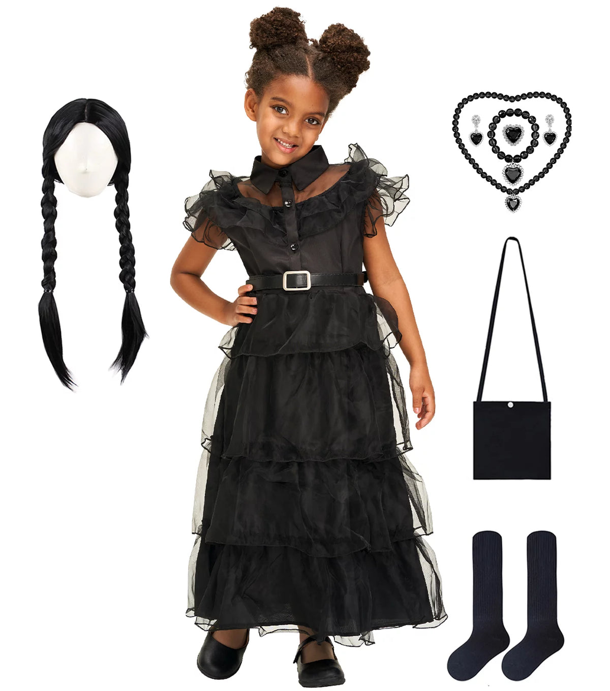 Girls Black Costume with Wig J852