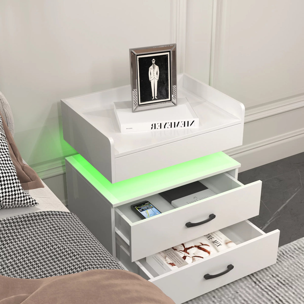 White 2 Drawer Nightstand with LED Lights and USB Ports Q291