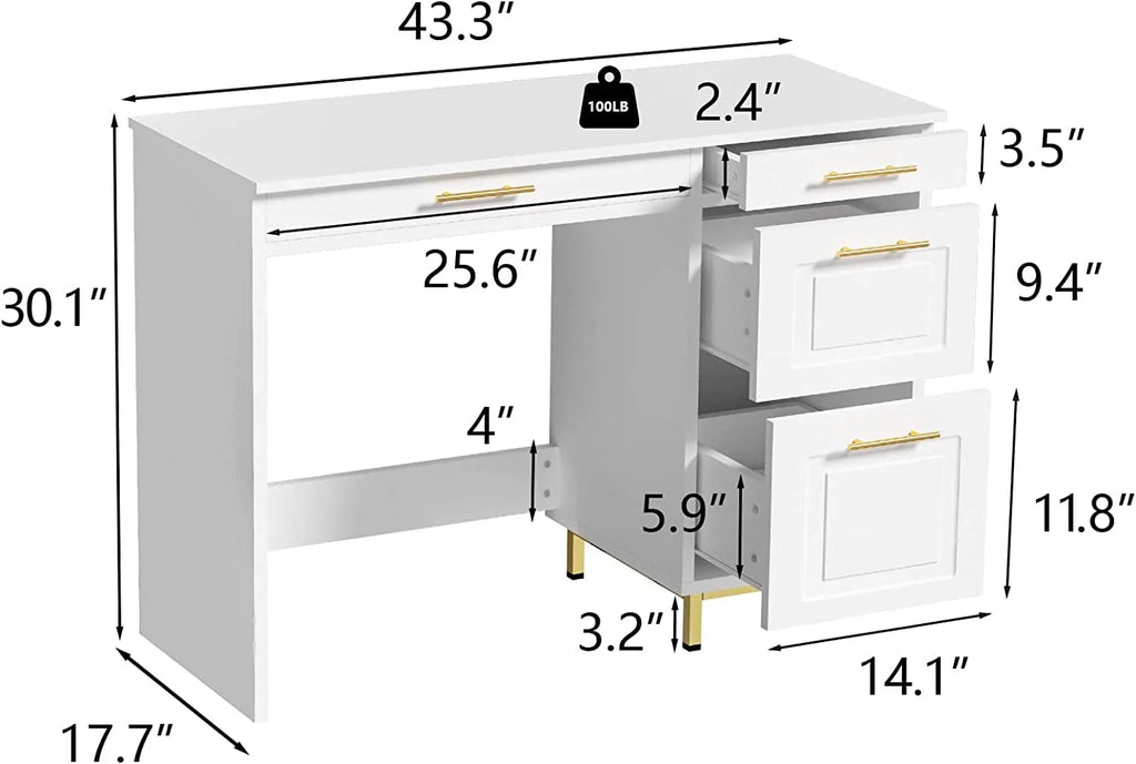 White and Gold Computer Desk with 4 Drawers K977