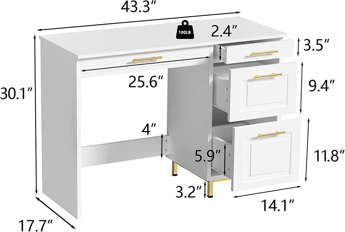 White and Gold Computer Desk with 4 Drawers K977