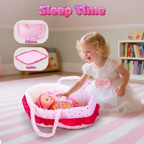 12" Baby Doll Playset with Carrier Bassinet, High Chair, Clothes & Accessories W537944