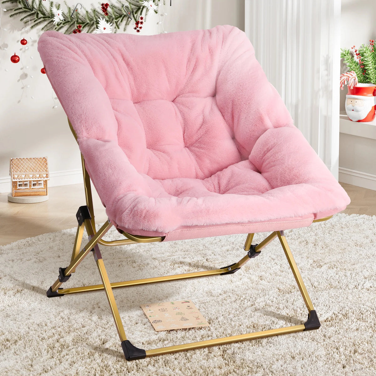Pink Oversized Folding Faux Fur Saucer Chair U762147