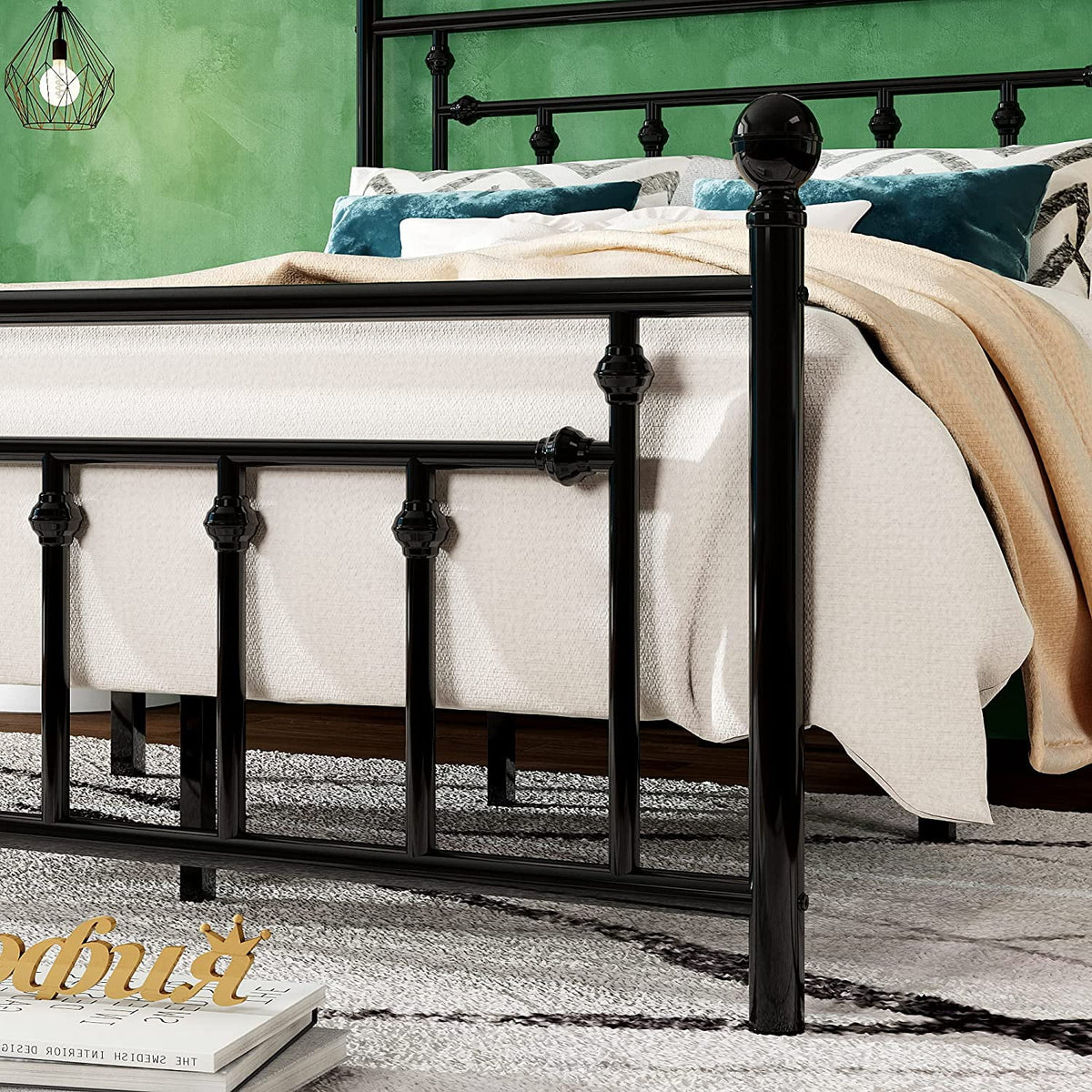 Full Size Black Metal Platform Bed Frame with Headboard and Footboard V774