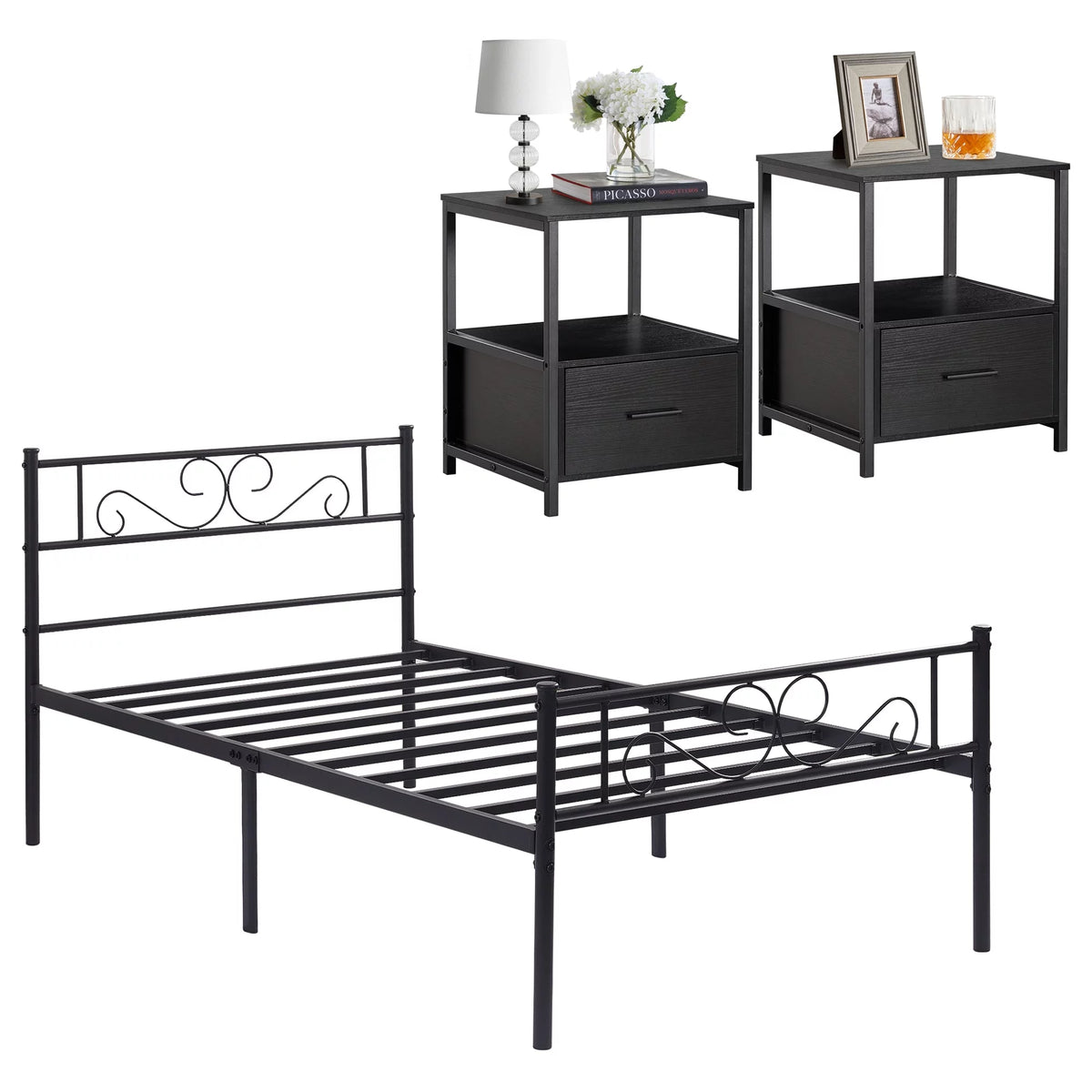 3-Piece Bedroom Set with Twin Bed Frame and 2 Black Nightstands B2149