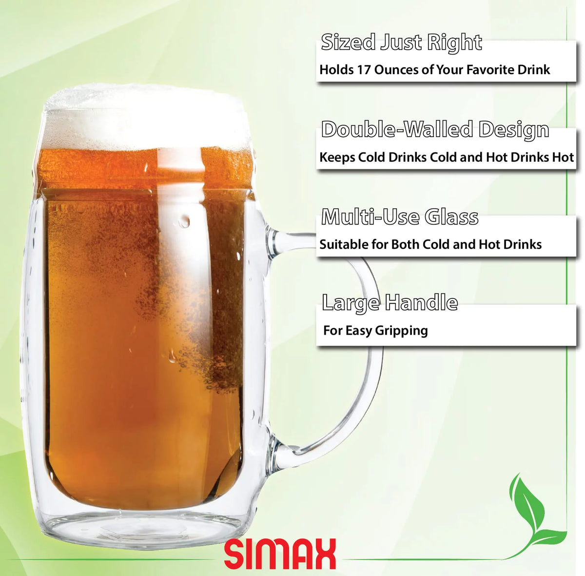 17 oz Double Walled Glass Beer Mugs with Handles (6) Z54442