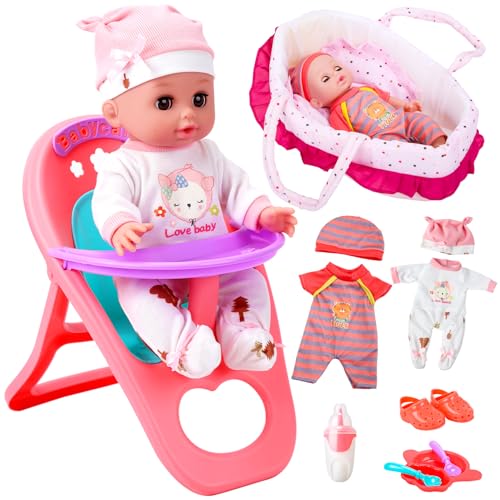 12" Baby Doll Playset with Carrier Bassinet, High Chair, Clothes & Accessories W537944