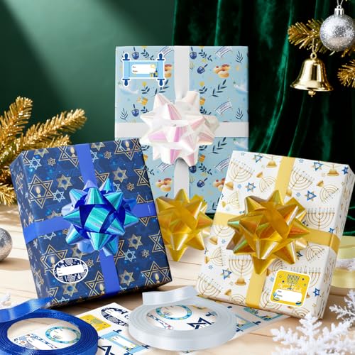 30 Pcs Hanukkah Wrapping Paper Gift Tags Bows Ribbon J2967
