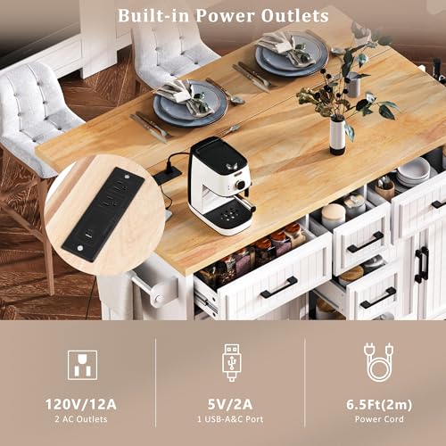 56.5" Rolling Kitchen Island with Drop Leaf, Power Outlet, 4 Doors, 5 Drawers, Black I233