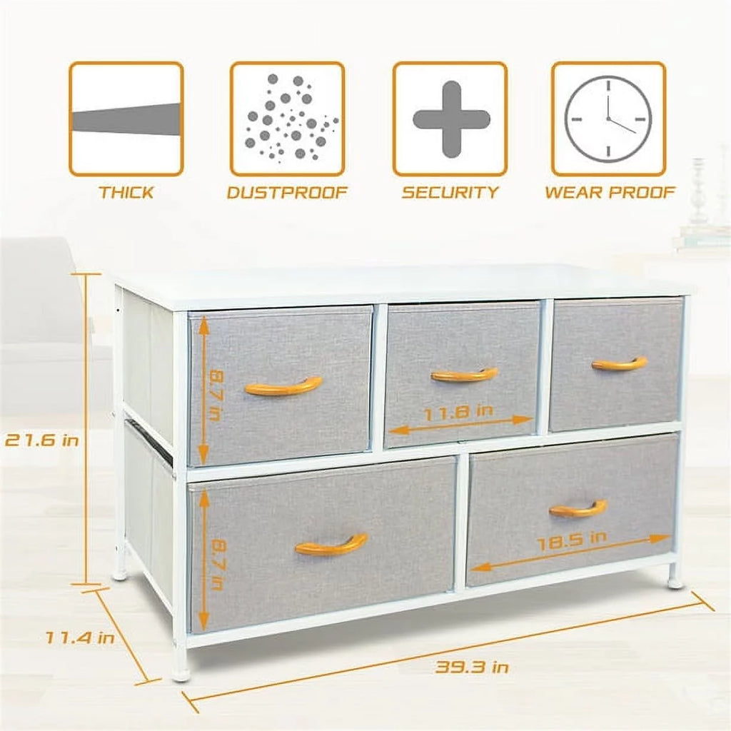 5 Drawer Fabric Dresser with Steel Frame and Wood Top R80133