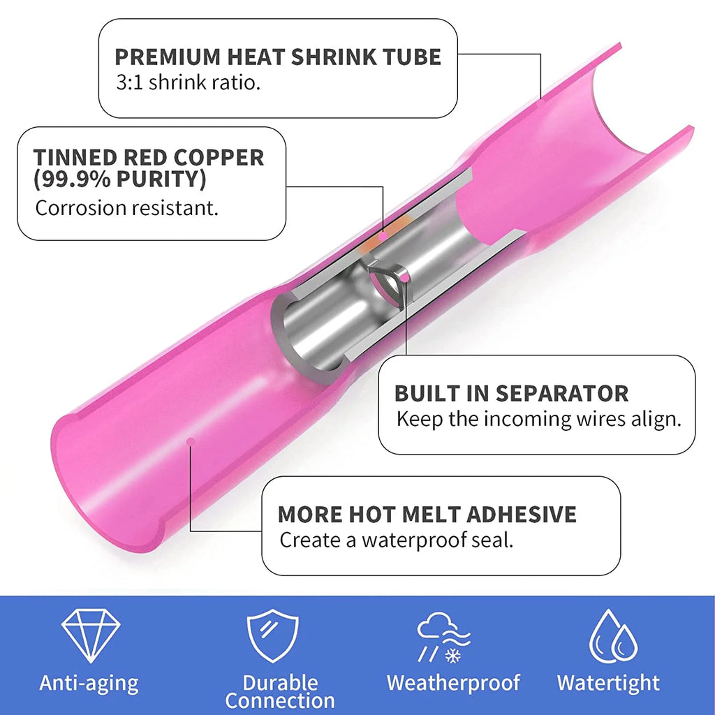 200 PCS Waterproof Insulated Electrical Crimp Butt Connectors 22-18 AWG T2552