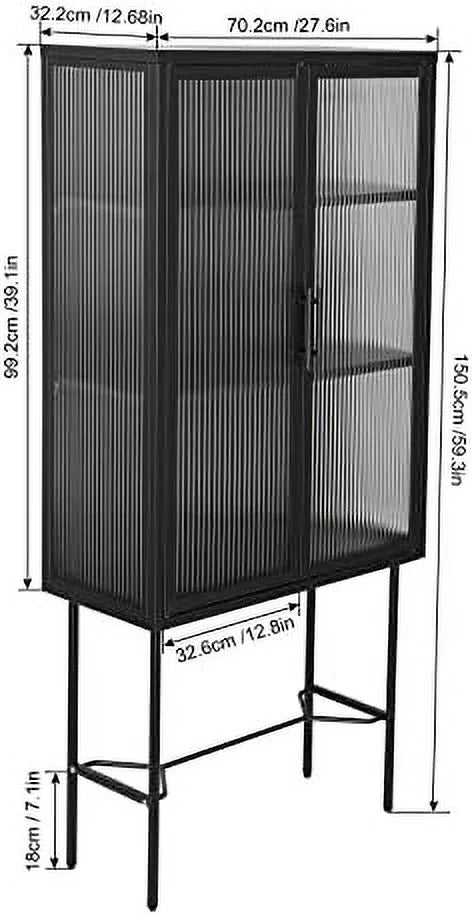 Tall Fluted Glass Door Cabinet with 2-Tier Adjustable Shelves Blue V7300