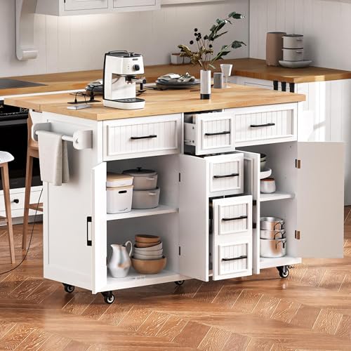 56.5" Rolling Kitchen Island with Drop Leaf, Power Outlet, 4 Doors, 5 Drawers, Black I233