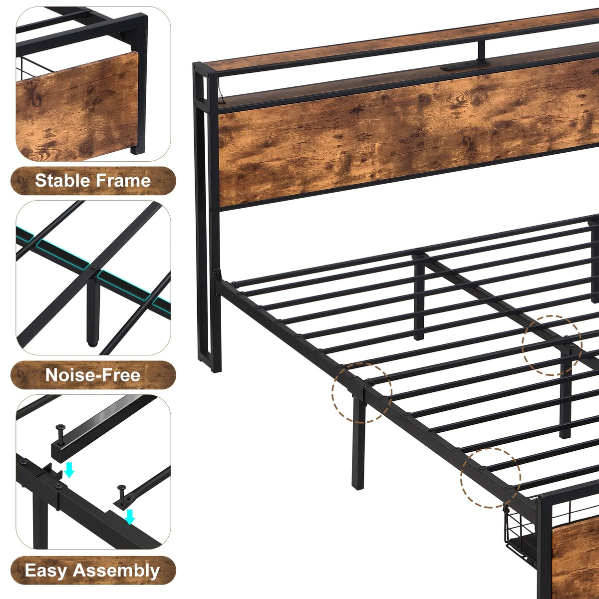 Brown Full Size Wood Bed Frame with Storage Headboard and Drawers A5288
