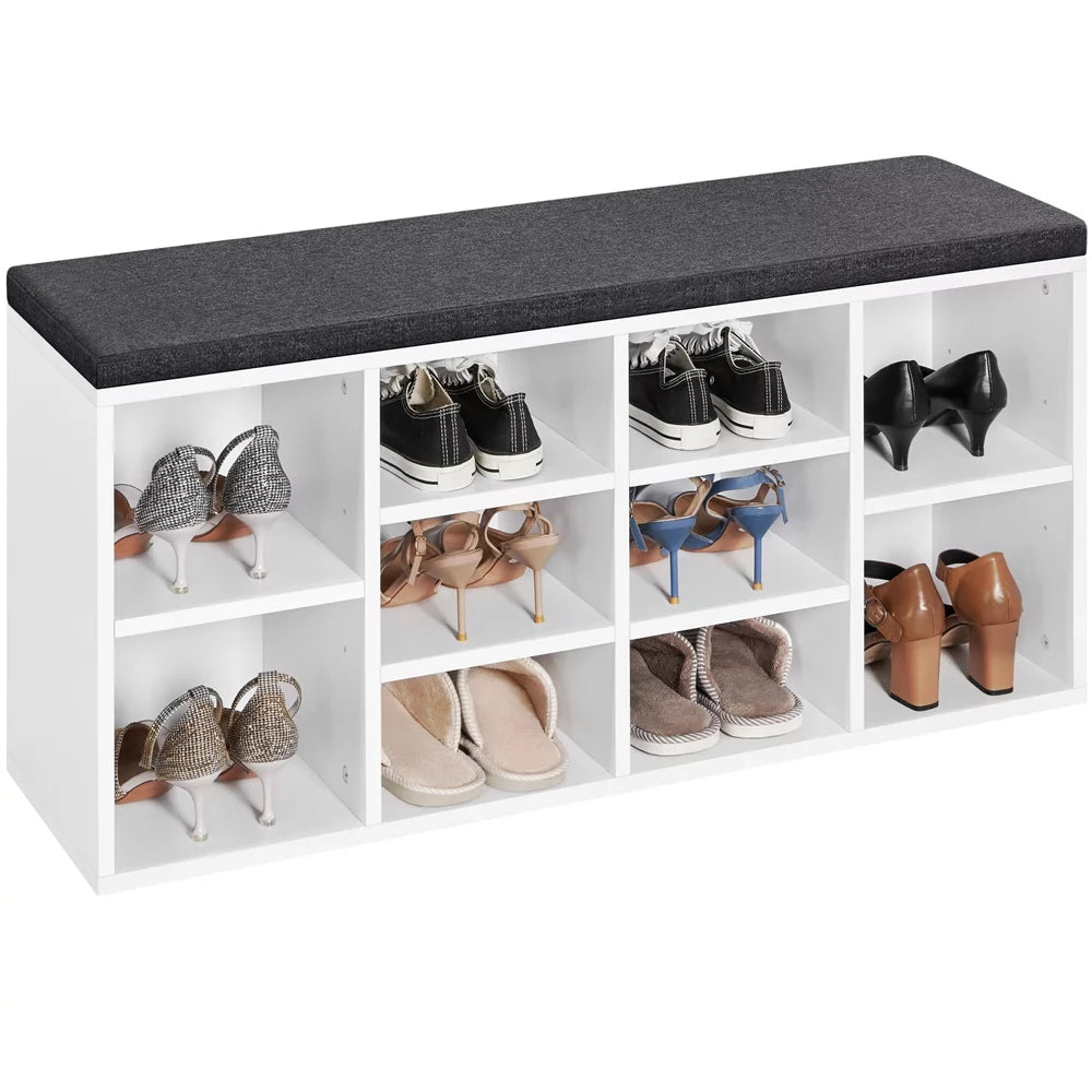White Wooden Shoe Storage Bench Organizer with Cushion Z47939