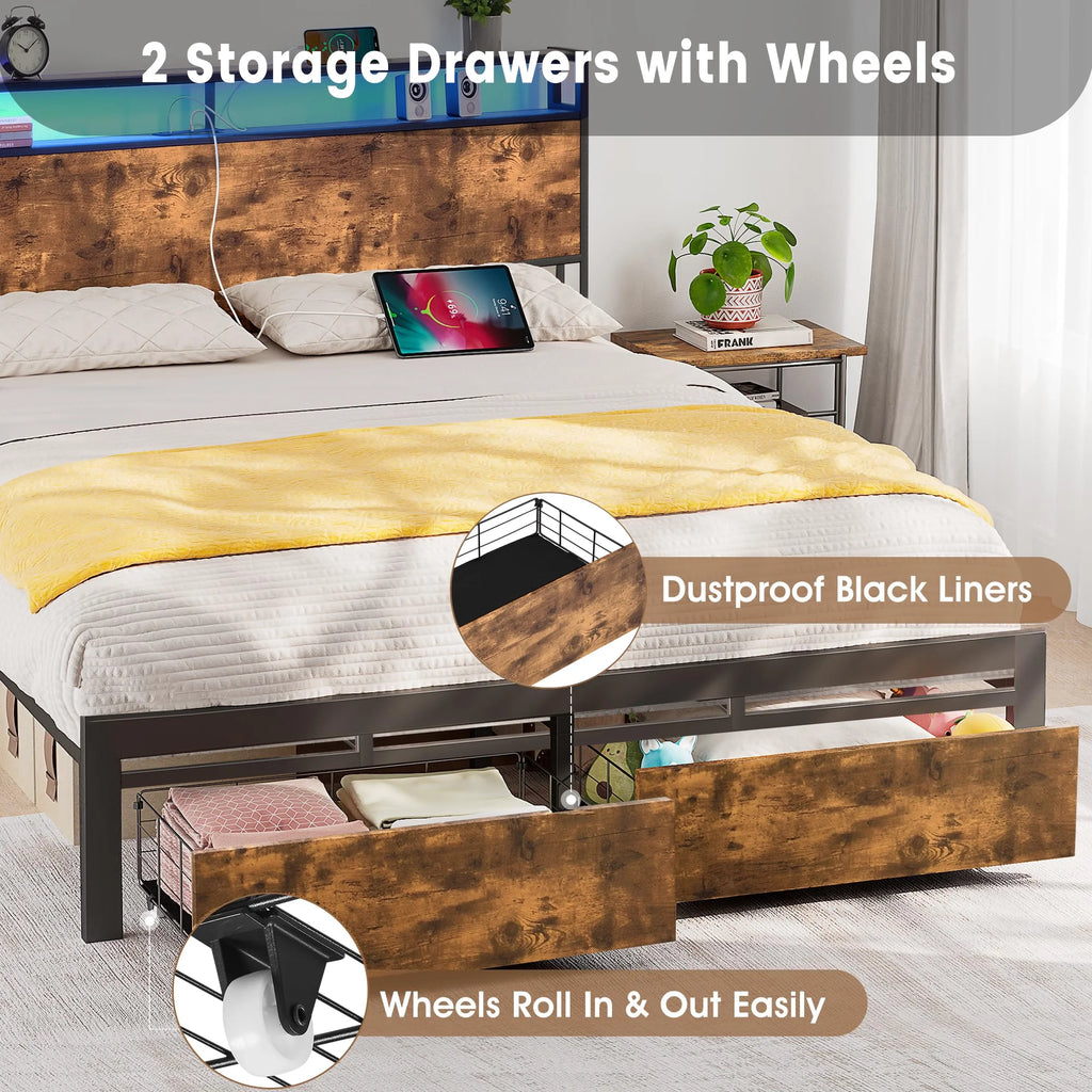 Brown Full Size Wood Bed Frame with Storage Headboard and Drawers A5288