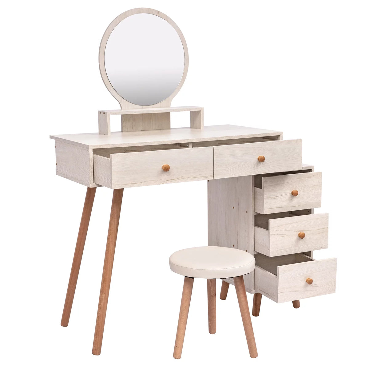 Makeup Vanity Table with Cushioned Stool, 5 Drawers, Round Mirror A224854