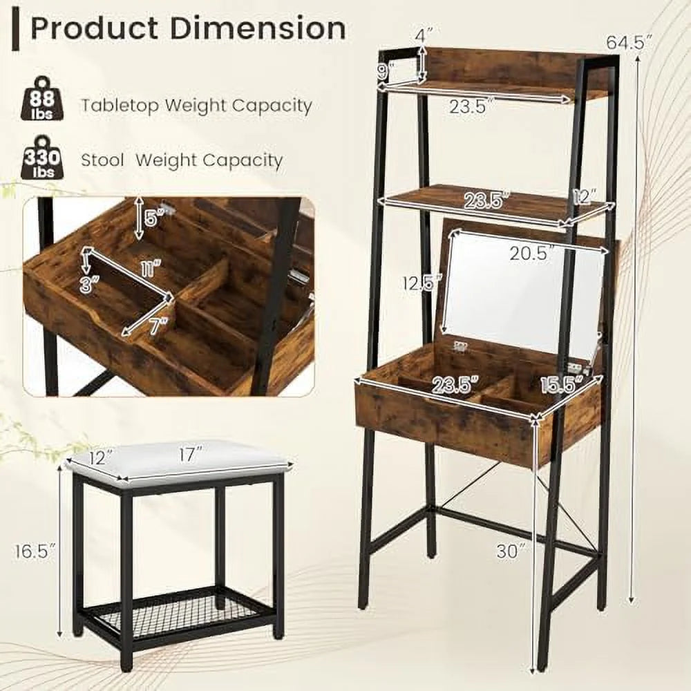 Vanity Table Set with Flip Top Mirror and Cushioned Stool N306156
