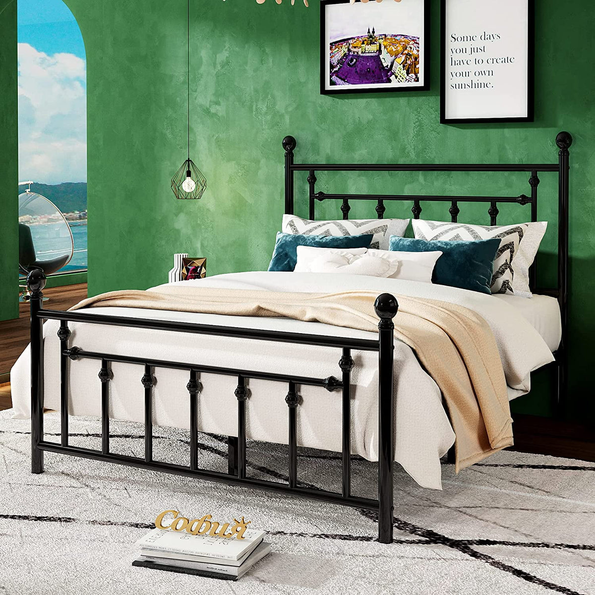 Full Size Black Metal Platform Bed Frame with Headboard and Footboard V774