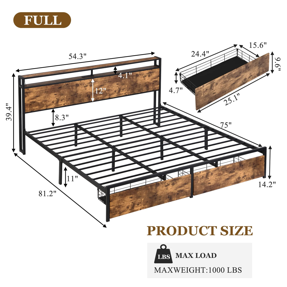 Brown Full Size Wood Bed Frame with Storage Headboard and Drawers A5288