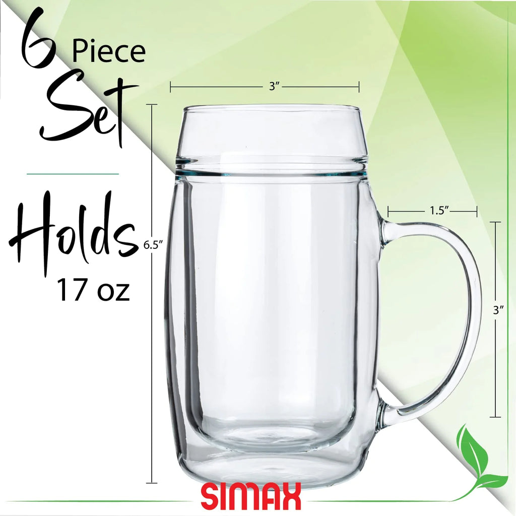 17 oz Double Walled Glass Beer Mugs with Handles (6) Z54442