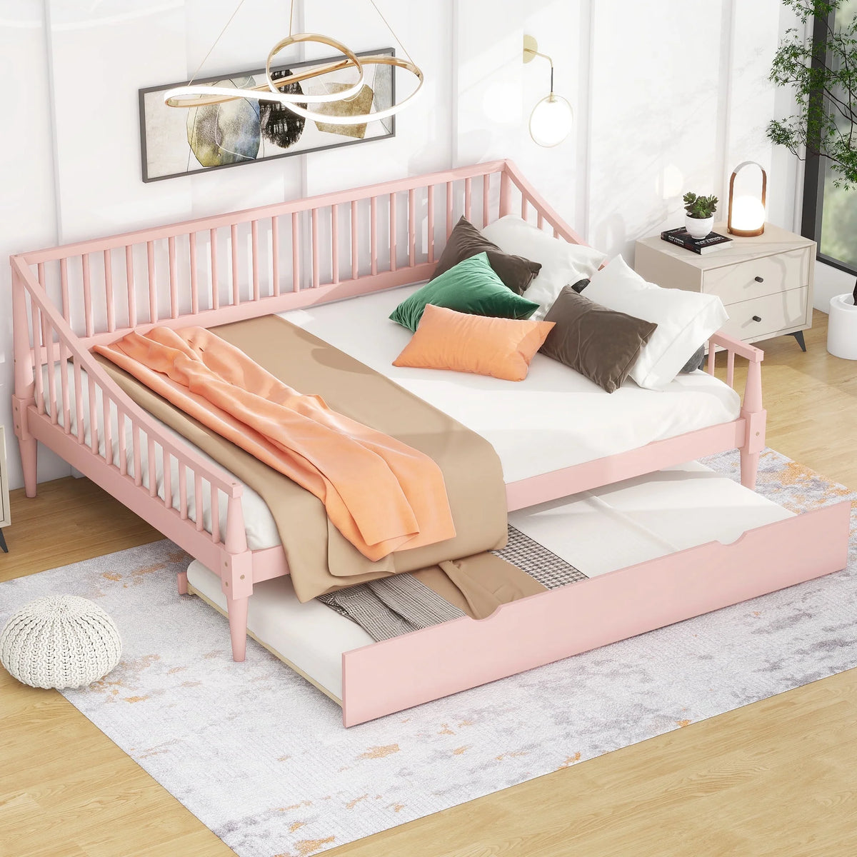 Pink Full Size Wood Daybed with Twin Trundle K97225